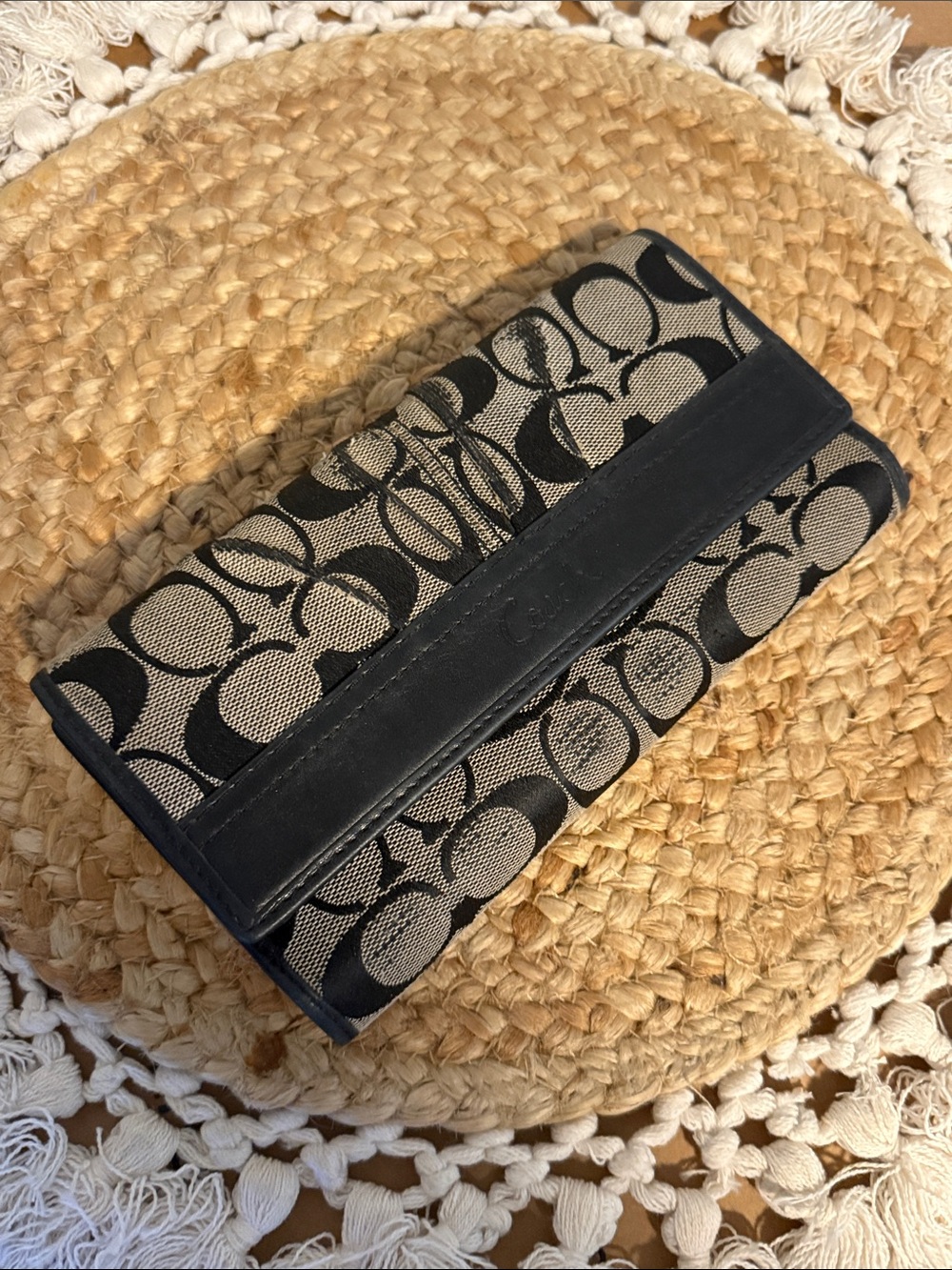 Coach Signature C Monogram Trifold Wallet Black Grey Jacquard Canvas Leather - Picture 3 of 11